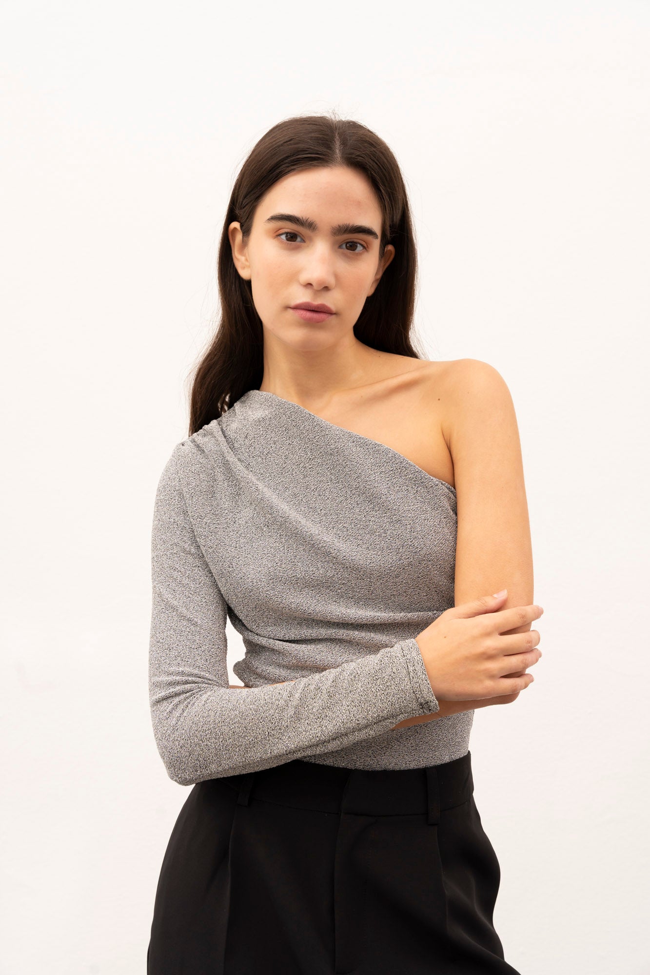 ASYMMETRICAL BODYSUIT IN METALLIC KNIT