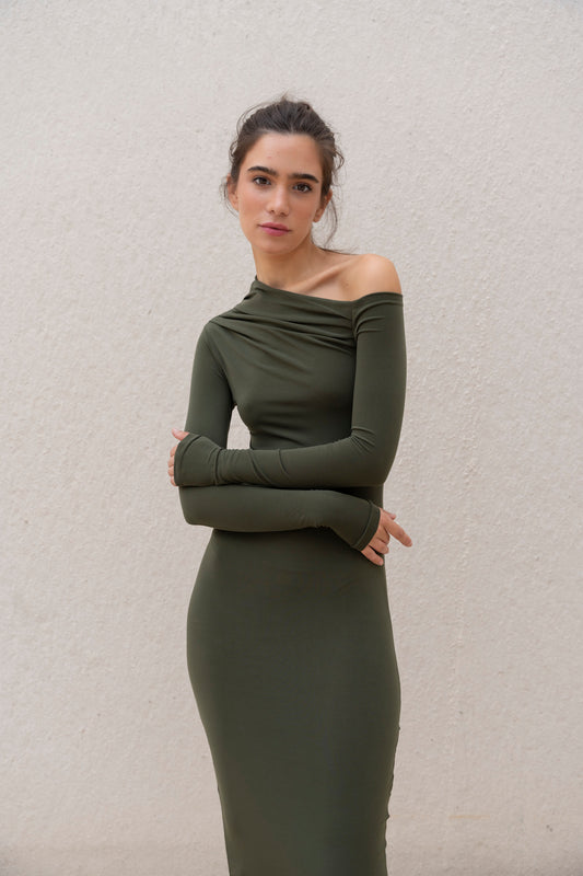 MIDI ASYMMETRIC KHAKI DRESS