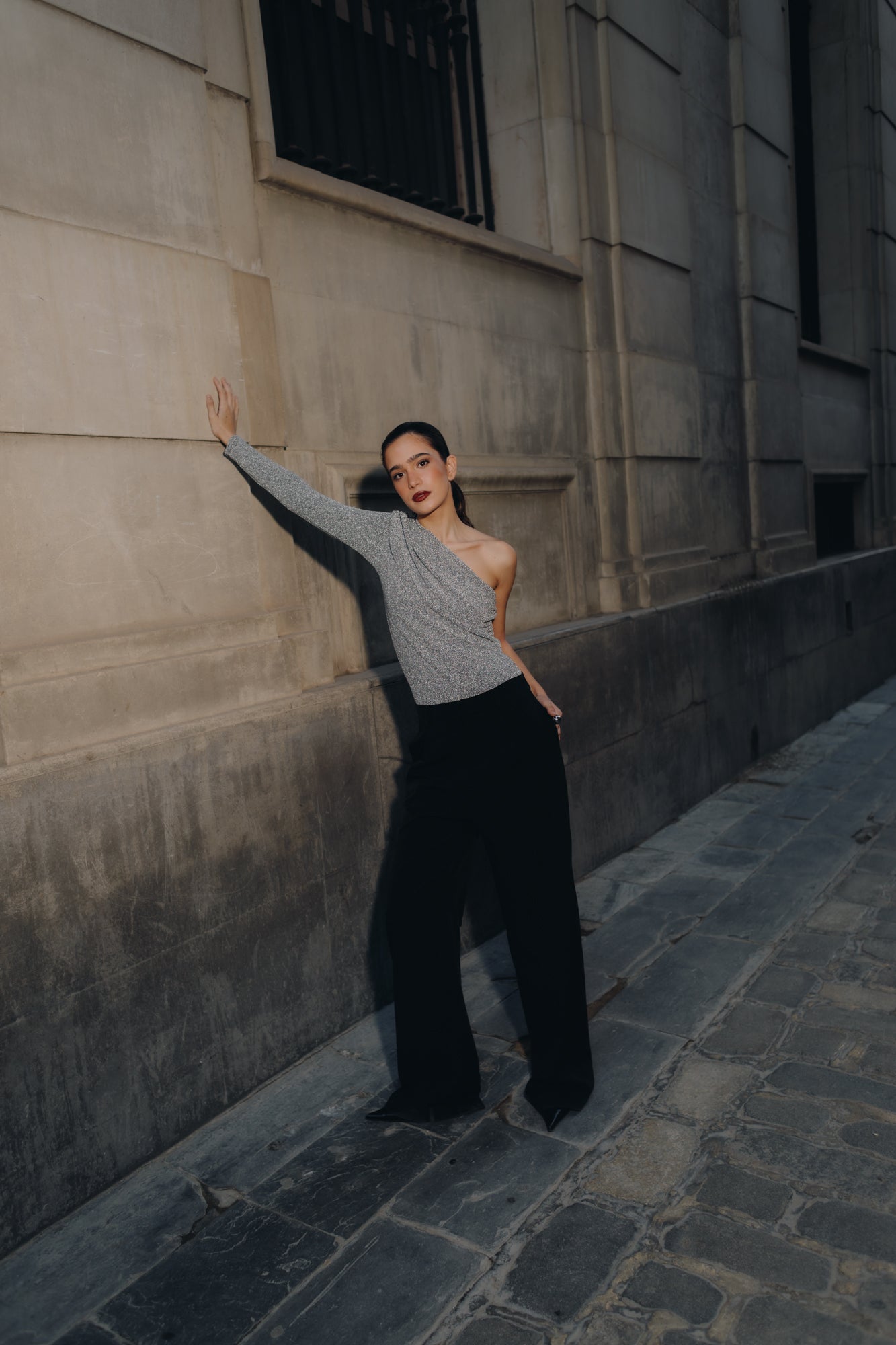 ASYMMETRICAL BODYSUIT IN METALLIC KNIT